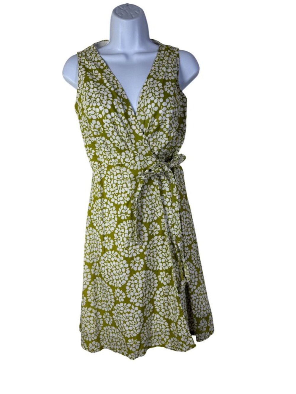 Lesley Evers Green White Floral True Wrap Dress XS Sleeveless Cotton Whimsical